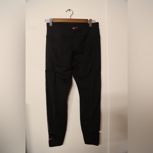 Nike Women’s Black Running Leggings M — Pink Swoosh, Stirrup Cuffs, Dri-Fit - Picture 2 of 4